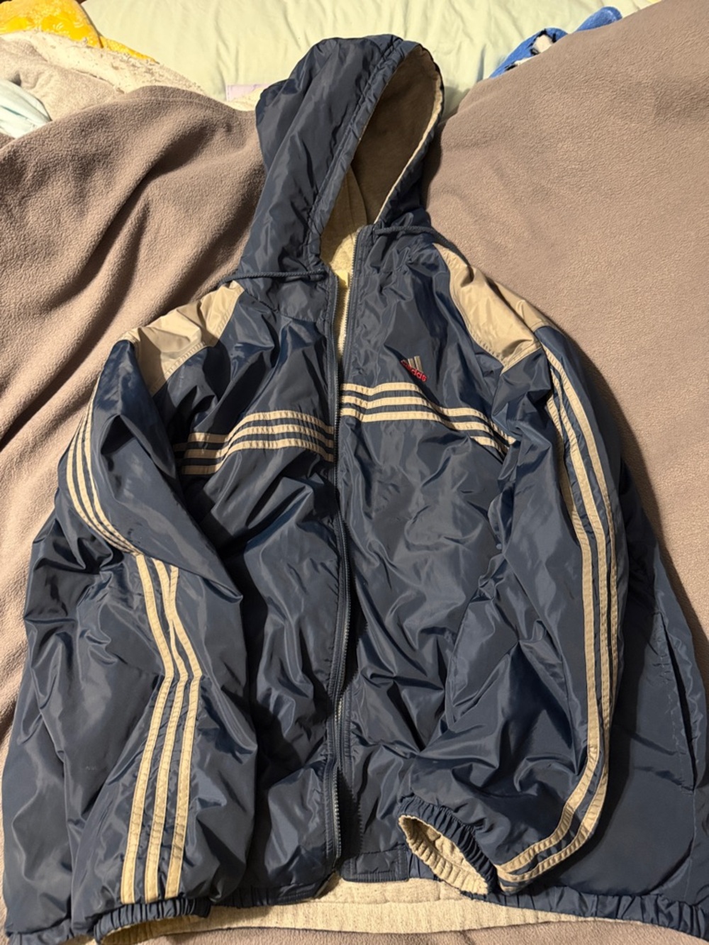 Vintage adidas Navy and Cream Hooded Puffer Jacket